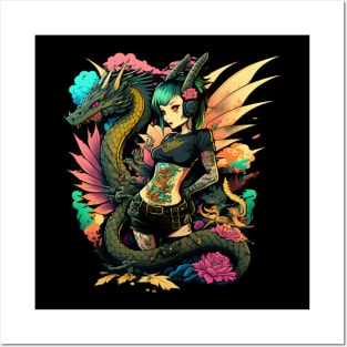 Retro Tattoo Cute Dragon Girl Posters and Art